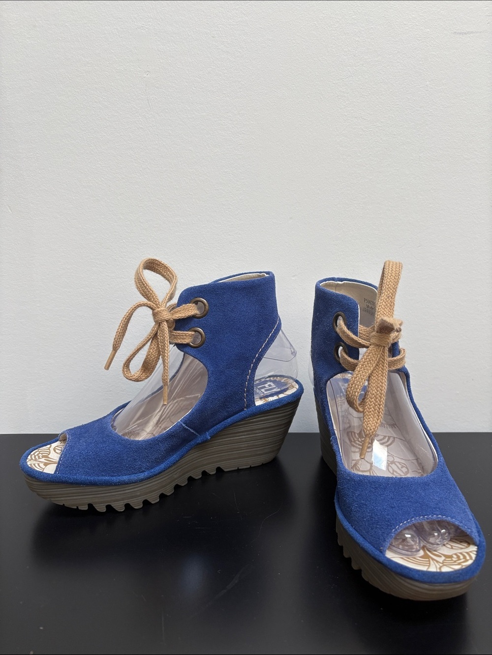 Fly London Yaffa Blue Suede Leather Wedge Platform Sandal Ankle tie open toe 6 7